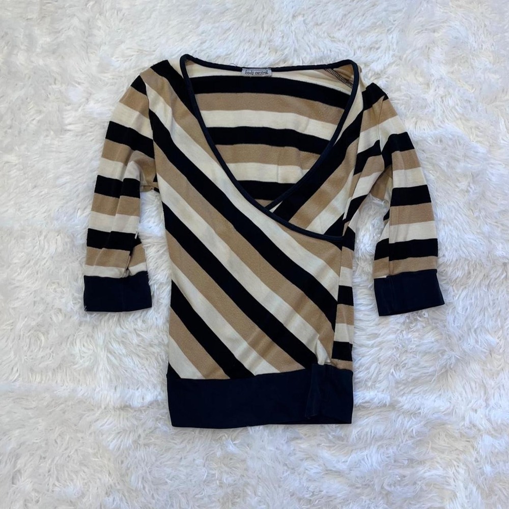 🍟Y2K‎ Striped Brown Faux Wrap 3/4 Sleeve V Neck Top Medium